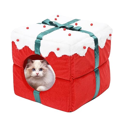 Weihnachtliches Katzenhaus, Katzenbetten für Hauskatzen, vollständig geschlossene Winter-kleine Hundehütte, für Kätzchen und kleine Katze, abnehmbare Katzenhöhle mit rutschfester Unterseite von DSOPV