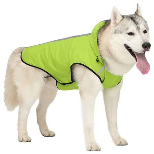DSOUWEH Hund stilvoll und trocken mit wasserdichtem Hunderegenmantel, verstellbarem Kapuzenponcho, einfach anzuziehen, gut sichtbaren Streifen, Grün, 3XL von DSOUWEH
