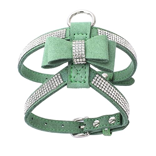 Eingelegtes Strass-Haustiergeschirr, Strass-Schleife, Kleines Und Mittelgroßes Hunde- Und Katzengeschirr, Verstellbares Hundegeschirr, Langlebiges Hundegeschirr Aus PU-Leder,dunkelgrün,L von DTREEL