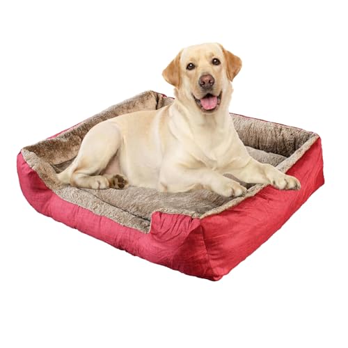DTXDTech Hundebett für große Hunde, weich, großes Hundebett mit wasserdichter Innenbeschichtung, gemütliches Haustierbett mit rutschfester Unterseite, maschinenwaschbar, rechteckig, Größe L, Rot von DTXDTech