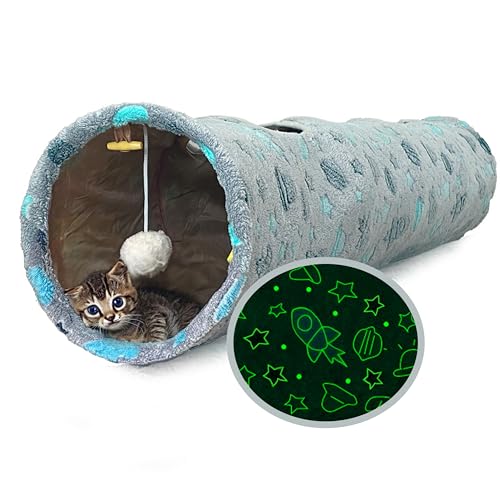 DUDENESS Katzentunnel, leuchtet im Dunkeln, für drinnen mit Plüschball, Spielzeug, gerade geformt, Katzenspiel-Tunnel, selbstleuchtend, zusammenklappbar, für Haustiere, Kleintiere, Kaninchen, von DUDENESS