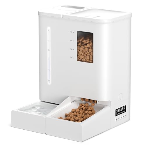 DUDUPET Futterautomat Katze und Katzenbrunnen 2-in-1, 5L Automatischer Futterspender Hunde mit Programmierbarem Timer 6 Mahlzeiten pro Tag + 4L Wasserspender, 10S Sprachaufforderung von DUDUPET