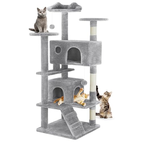 DUMOS 137.2 cm Indoor Katzenbaum Turm - Mehrstöckiges Haustierhaus für große Katzen mit 2 Höhlen, Kratzstämmen, runder Plattform, kleiner Leiter und Spielzeug, Hellgrau von DUMOS