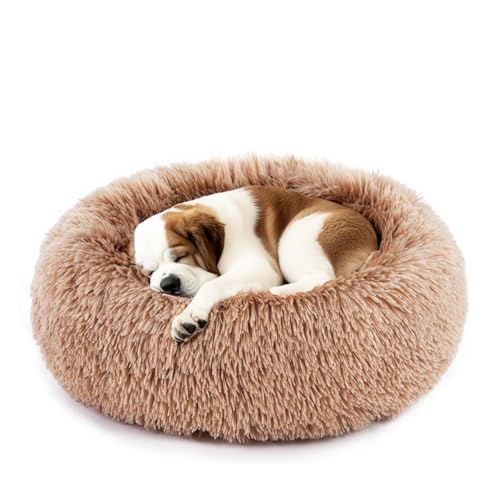 DUMOS Beruhigendes Donut-Katzen- und Hundebett für mittelgroße Hunde, maschinenwaschbar, kuschelig, warm, flauschig, Kunstfell, Plüsch, rund, Anti-Angst, wasserdicht, rutschfest, Braun, 61 x 61 x 20 von DUMOS