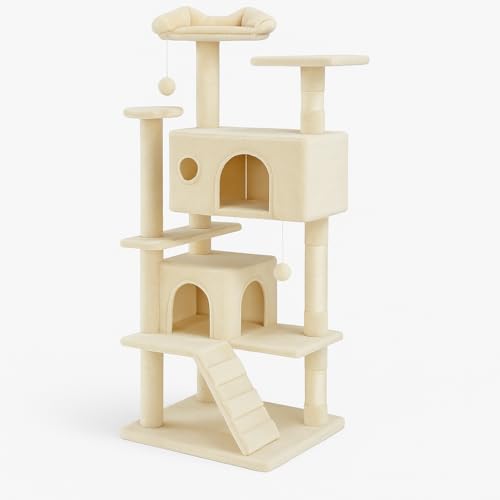 DUMOS Katzen Kratzbaum, 135 cm Katzenbaum Kletterturm, Katzenkratzbaum, Cat Tree mit Höhle, Komplett mit Sisal Umwickelt, Scratching Post, Aktivitätskratzbäume für Katzen Jeden Alters (Beige) von DUMOS