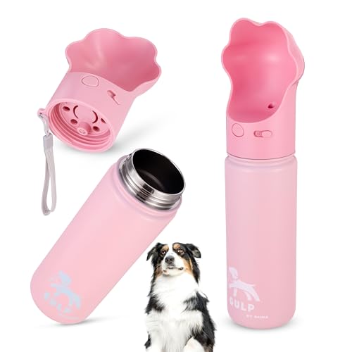 Gulp by Duna Hunde-Trinkflasche, isolierter Edelstahl, Pfotenform, auslaufsicher, für große und kleine Hunde, praktisch mit einem Gurt für einfaches Tragen (Rosa) von DUNA