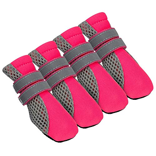 Hundeschuhe, 4 Stück, reflektierend, rutschfest, wasserdicht, atmungsaktiv, Regenkleidung, Pfotenschutz, Outdoor-Socken für kleine, mittelgroße Hunde, rutschfest (Farbe: Rosa, Größe: L) von DUNSBY