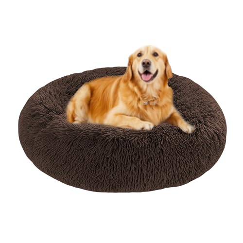 Beruhigende Hundebetten, waschbar, Donut-Hundebetten, orthopädische, runde Haustier-Sofa-Matte mit rutschfester Unterseite, gemütliche Haustier-Matratze, große Größe (130 x 130 x 20 cm, Braun) von DUOLEH