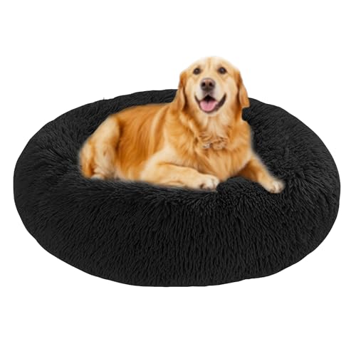 Beruhigende Hundebetten, waschbar, Donut-Hundebetten, orthopädische, runde Haustier-Sofa-Matte mit rutschfester Unterseite, gemütliche Haustier-Matratze, große Größe (130 x 130 x 20 cm, Schwarz) von DUOLEH