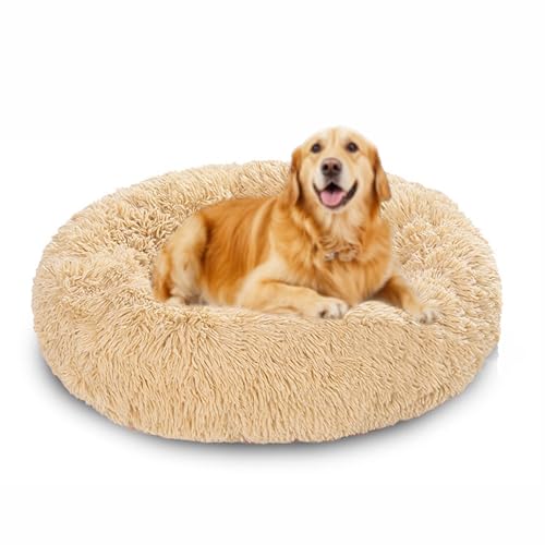 Beruhigende Hundebetten, waschbar, Donut-Hundebetten, orthopädische, runde Haustier-Sofa-Matte mit rutschfester Unterseite, gemütliche Haustier-Matratze, große Größe (150 x 150 x 20 cm, Beige) von DUOLEH