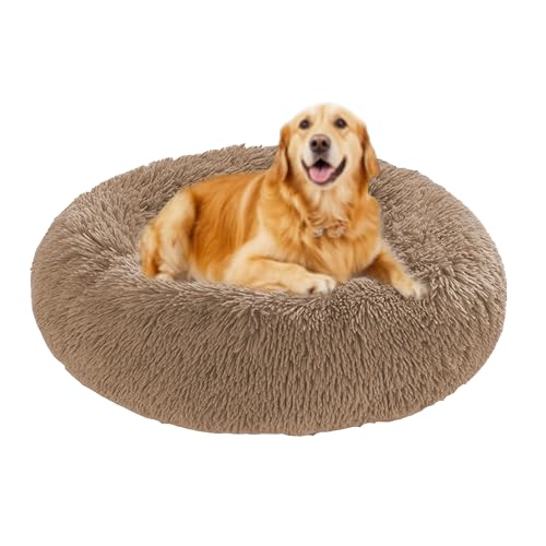 Beruhigende Hundebetten, waschbar, Donut-Hundebetten, orthopädische, runde Haustier-Sofa-Matte mit rutschfester Unterseite, gemütliche Haustier-Matratze, große Größe (60 x 60 x 20 cm, Khaki) von DUOLEH