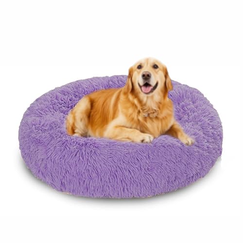 Beruhigende Hundebetten, waschbar, Donut-Hundebetten, orthopädische, runde Haustier-Sofa-Matte mit rutschfester Unterseite, gemütliche Haustier-Matratze, große Größe (90 x 90 x 20 cm, Lila) von DUOLEH
