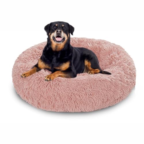 Beruhigendes Anti-Angst-Hundebett, rund, orthopädisches Donut-Hundebett, Plüsch-Matratze, rutschfeste Unterseite, Haustierkorb, warmes Kätzchen-Welpennest (110 x 110 x 20 cm, Rosa) von DUOLEH