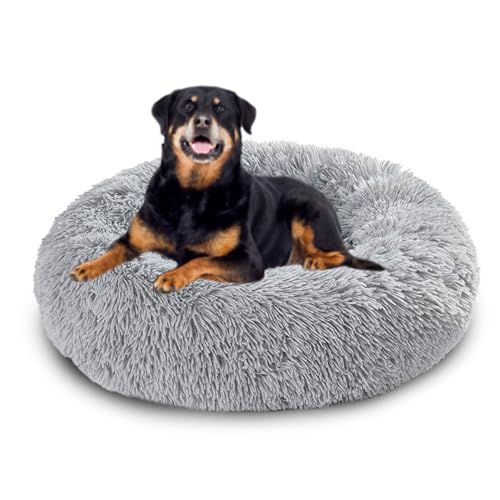 Beruhigendes Anti-Angst-Hundebett, rund, orthopädisches Donut-Hundebett, Plüsch-Matratze, rutschfeste Unterseite, Haustierkorb, warmes Kätzchen-Welpennest (60 x 60 x 20 cm, Hellgrau) von DUOLEH