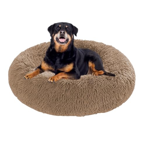 Beruhigendes Anti-Angst-Hundebett, rund, orthopädisches Donut-Hundebett, Plüsch-Matratze, rutschfeste Unterseite, Haustierkorb, warmes Kätzchen-Welpennest (60 x 60 x 20 cm, Khaki) von DUOLEH