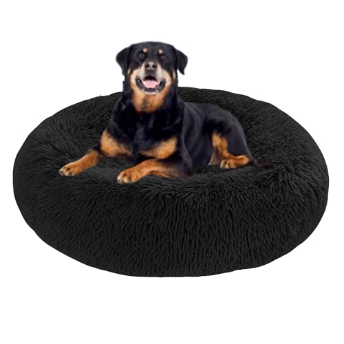 Beruhigendes Anti-Angst-Hundebett, rund, orthopädisches Donut-Hundebett, Plüsch-Matratze, rutschfeste Unterseite, Haustierkorb, warmes Kätzchen-Welpennest (60 x 60 x 20 cm, Schwarz) von DUOLEH