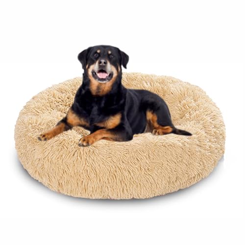 Beruhigendes Anti-Angst-Hundebett, rund, orthopädisches Donut-Hundebett, Plüsch-Matratze, rutschfeste Unterseite, Haustierkorb, warmes Kätzchen-Welpennest (70 x 70 x 20 cm, Beige) von DUOLEH