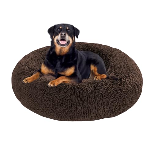 Beruhigendes Anti-Angst-Hundebett, rund, orthopädisches Donut-Hundebett, Plüsch-Matratze, rutschfeste Unterseite, Haustierkorb, warmes Kätzchen-Welpennest (90 x 90 x 20 cm, braun) von DUOLEH