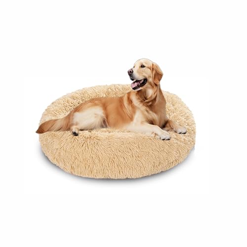 Beruhigendes Donut-Hundebett, flauschiges Hundebett, rund, Plüsch, Anti-Angst, Donut-Kuschel-Matratze, warmes Donut-Kissen mit rutschfester Unterseite, waschbar (130 x 130 x 20 cm, Beige) von DUOLEH