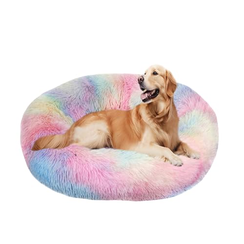 Beruhigendes Donut-Hundebett, flauschiges Hundebett, rund, Plüsch, Anti-Angst, Donut-Kuschel-Matratze, warmes Donut-Kissen mit rutschfester Unterseite, waschbar (150 x 150 x 20 cm, mehrfarbig) von DUOLEH