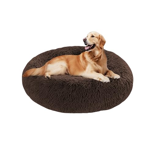 Beruhigendes Donut-Hundebett, flauschiges Hundebett, rund, Plüsch, Anti-Angstzustände, Donut-Kuschel-Matratze, warmes Donut-Kissen mit rutschfester Unterseite, waschbar (130 x 130 x 20 cm, Braun) von DUOLEH
