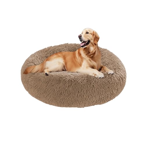 Beruhigendes Donut-Hundebett, flauschiges Hundebett, rund, Plüsch, Anti-Angstzustände, Donut-Kuschel-Matratze, warmes Donut-Kissen mit rutschfester Unterseite, waschbar (150 x 150 x 20 cm, Khaki) von DUOLEH