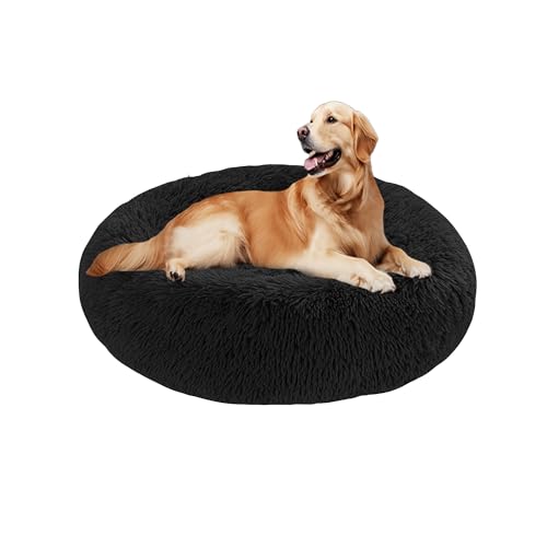 Beruhigendes Donut-Hundebett, flauschiges Hundebett, rund, Plüsch, Anti-Angstzustände, Donut-Kuschel-Matratze, warmes Donut-Kissen mit rutschfester Unterseite, waschbar (60 x 60 x 20 cm, Schwarz) von DUOLEH