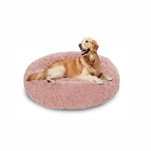 Beruhigendes Donut-Hundebett, flauschiges Hundebett, rund, Plüsch, Anti-Angstzustände, Donut-Kuschel-Matratze, warmes Donut-Kissen mit rutschfester Unterseite, waschbar (90 x 90 x 20 cm, Rosa) von DUOLEH