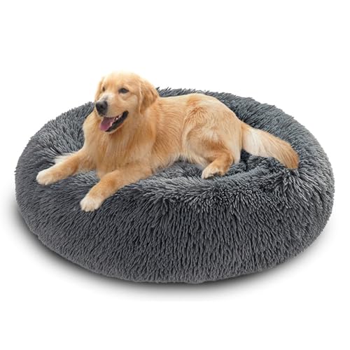 Beruhigendes Hundebett, flauschiger Plüsch, rund, Anti-Angst-Hundekorb, waschbar, rutschfest, Donut-Kissen, warmes Kätzchennest, mittelgroßes/großes Haustierkissen (70 x 70 x 20 cm, Dunkelgrau) von DUOLEH