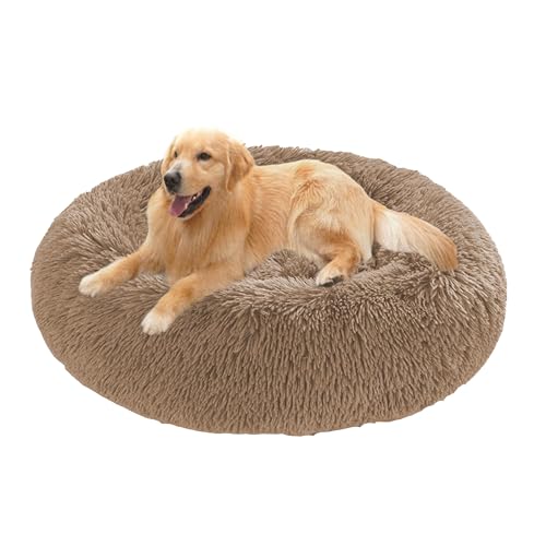 Beruhigendes Hundebett, flauschiger Plüsch, rund, Anti-Angst-Hundekorb, waschbar, rutschfest, Donut-Kissen, warmes Kätzchennest, mittelgroßes/großes Haustierkissen (70 x 70 x 20 cm, Khaki) von DUOLEH