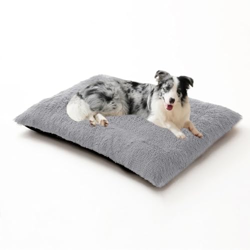 DUOLEH Hundebett, extra groß, waschbar, beruhigende Haustiermatratze, mit rutschfester Unterseite, warmes, flauschiges Anti-Angst-Haustierkissen (93 x 65 x 10 cm, Hellgrau) von DUOLEH