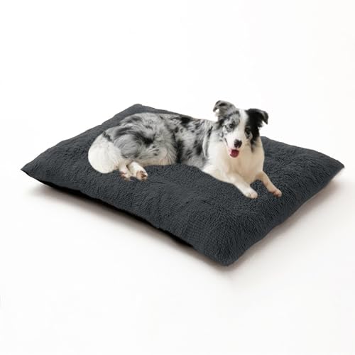 DUOLEH Hundebox-Bett, Größe XL, waschbar, beruhigende Haustiermatratze, mit rutschfester Unterseite, warmes, flauschiges Anti-Angst-Haustierkissen (65 x 48 x 8 cm, Dunkelgrau) von DUOLEH