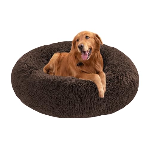 Donut-Betten für Hunde, beruhigendes Hundebett, rundes Plüschkissen mit rutschfester Unterseite, waschbare Haustiermatratze, warmes Kätzchennest (120 x 120 x 20 cm, Braun) von DUOLEH