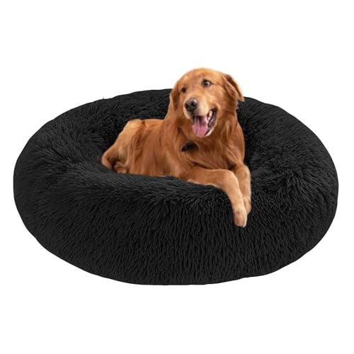 Donut-Betten für Hunde, beruhigendes Hundebett, rundes Plüschkissen mit rutschfester Unterseite, waschbare Haustiermatratze, warmes Kätzchennest (140 x 140 x 20 cm, Schwarz) von DUOLEH