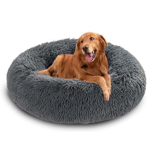 Donut-Betten für Hunde, beruhigendes Hundebett, rundes Plüschkissen mit rutschfester Unterseite, waschbare Haustiermatratze, warmes Kätzchennest (150 x 150 x 20 cm, Dunkelgrau) von DUOLEH