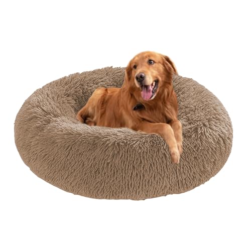 Donut-Betten für Hunde, beruhigendes Hundebett, rundes Plüschkissen mit rutschfester Unterseite, waschbare Haustiermatratze, warmes Kätzchennest (60 x 60 x 20 cm, Khaki) von DUOLEH