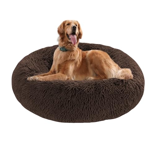 Donut-Hundebett, groß, rund, beruhigendes Hundebett gegen Angst, mit rutschfester Unterseite, waschbare Haustiermatratze, wärmendes Donut-Kuschelkissen, waschbar, 110 x 110 x 20 cm, Braun von DUOLEH