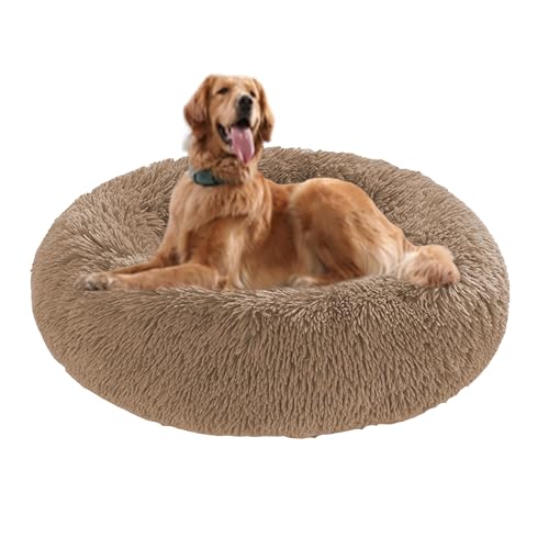 Donut-Hundebett, groß, rund, beruhigendes Hundebett gegen Angst, mit rutschfester Unterseite, waschbare Haustiermatratze, wärmendes Donut-Kuschelkissen, waschbar, 110 x 110 x 20 cm, Khaki von DUOLEH
