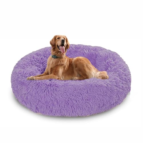 Donut-Hundebett, groß, rund, beruhigendes Hundebett gegen Angst, mit rutschfester Unterseite, waschbare Haustiermatratze, wärmendes Donut-Kuschelkissen, waschbar, 130 x 130 x 20 cm, Violett Donut-Hundebett, groß, rund, beruhigendes Hundebett gegen Angst, mit rutschfester Unterseite, waschbare Haustiermatratze, wärmendes Donut-Kuschelkissen, waschbar, 130 x 130 x 20 cm, Violett von DUOLEH
