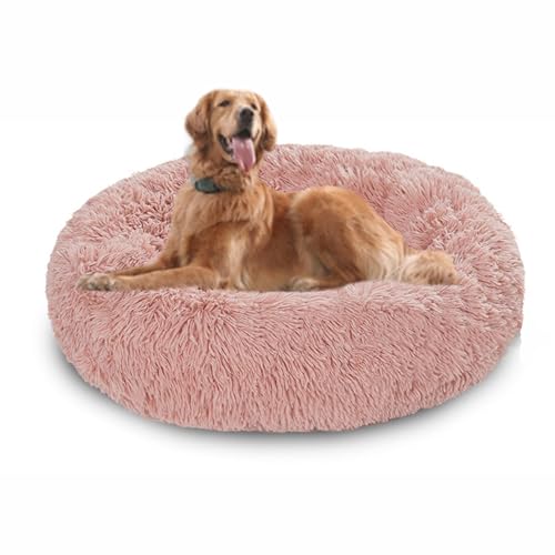Donut-Hundebett, groß, rund, beruhigendes Hundebett gegen Angst, mit rutschfester Unterseite, waschbare Haustiermatratze, wärmendes Donut-Kuschelkissen, waschbar, 60 x 60 x 20 cm, Rosa von DUOLEH