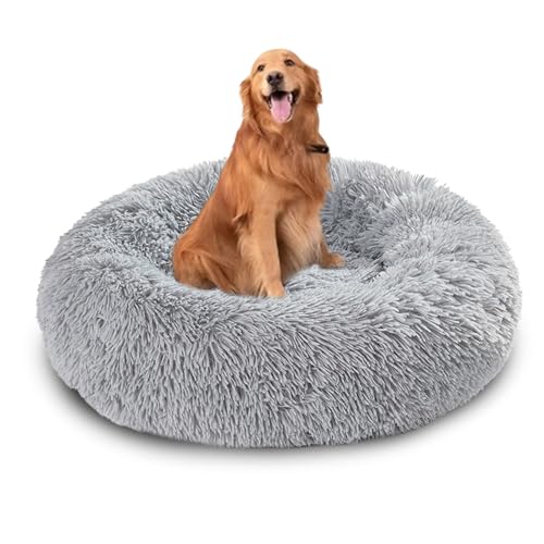 Donut-Hundebett, waschbar, rund, beruhigend, beruhigend, Anti-Angst, flauschig, warm, Hundebetten mit rutschfester Unterseite, mittelgroße und große Haustiermatratze, Matte (60 x 60 x 20 cm, Hellgrau) von DUOLEH