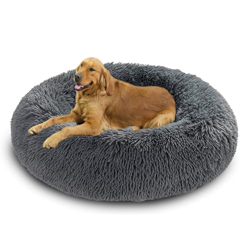 Donut-Hundebetten mit rutschfester Unterseite, beruhigendes, flauschiges Hundebett, waschbar, wärmendes Haustierkissen, mittelgroß, 60 x 60 x 20 cm, Dunkelgrau von DUOLEH
