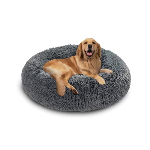 Extra großes Donut-Hundebett, orthopädisches Hundebett, zur Linderung von Angstzuständen, waschbar, für großen Labrador, Deutscher Schäferhund (140 x 140 x 20 cm, Dunkelgrau) von DUOLEH