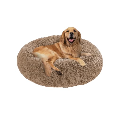 Extra großes Donut-Hundebett, orthopädisches Hundebett, zur Linderung von Angstzuständen, waschbar, für großen Labrador, Deutscher Schäferhund (140 x 140 x 20 cm, Khaki) von DUOLEH
