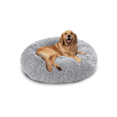 Extra großes Donut-Hundebett, orthopädisches Hundebett, zur Linderung von Angstzuständen, waschbar, für großen Labrador, Deutscher Schäferhund (150 x 150 x 20 cm, Hellgrau) von DUOLEH