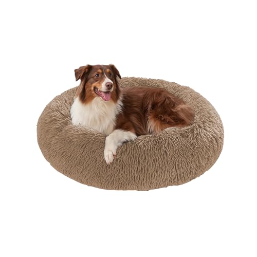 Flauschige Hundebetten, waschbar, rund, beruhigend, mit rutschfester Unterseite, Haustiermatratze für kleine, mittelgroße und große Hunde und Katzen (100 x 100 x 20 cm, Khaki) von DUOLEH