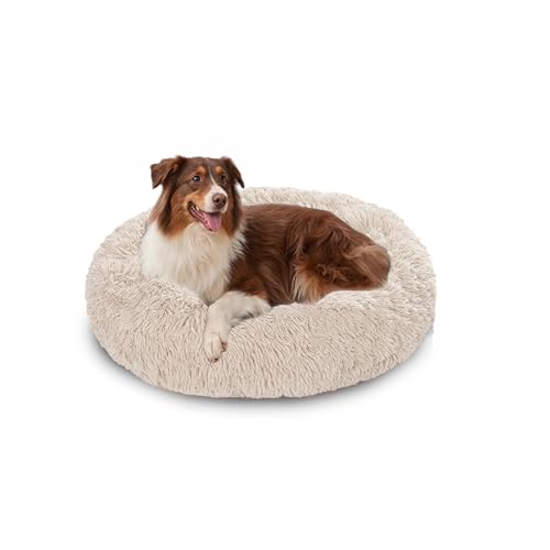 Flauschige Hundebetten, waschbar, rund, beruhigend, mit rutschfester Unterseite, Haustiermatratze für kleine, mittelgroße und große Hunde und Katzen (120 x 120 x 20 cm, gebrochenes Weiß) von DUOLEH