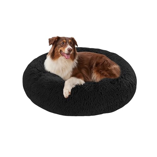 Flauschige Hundebetten, waschbar, rund, beruhigend, mit rutschfester Unterseite, Haustiermatratze für kleine, mittelgroße und große Hunde und Katzen (140 x 140 x 20 cm, Schwarz) von DUOLEH