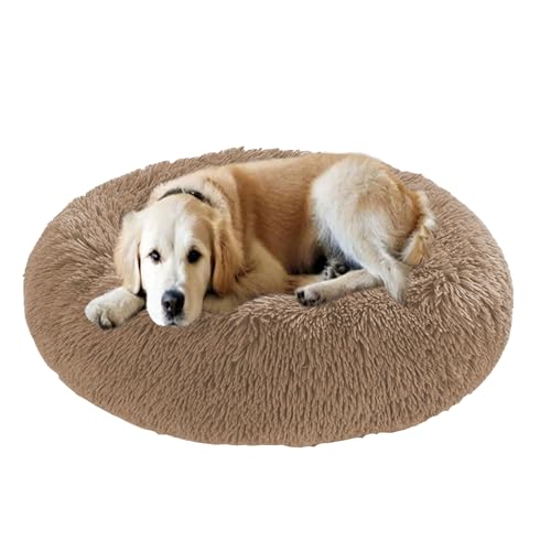 Großes Donut-Hundebett, beruhigendes Hundebett, Angstlinderung, weich, flauschig, Donut-Haustierbett, waschbar, Hundebox-Matratze, Haustierkorb für Welpen und große Katzen (60 x 60 x 20 cm, Khaki) von DUOLEH