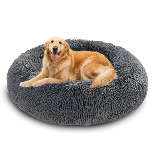 Großes beruhigendes Donut-Hundebett, Donut-Bett für Hunde und Katzen, waschbar, Anti-Angst-Haustierkorb, rutschfest, flauschig, Plüsch-Matratze, Welpen-Kätzchen-Kissen (60 x 60 x 20 cm, Dunkelgrau) von DUOLEH